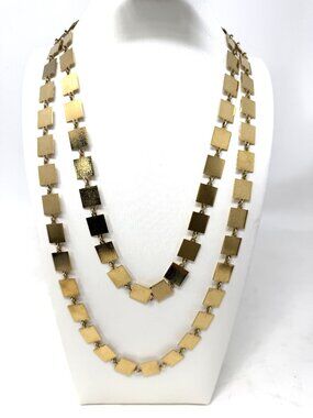 Unmarked Womans Necklace 52" Long Modernist Geometric Square Link Gold Tone